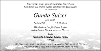 Traueranzeige von Gunda Sulzer von Gesamtausgabe Nürnberger Nachrichten/ Nürnberger Ztg.