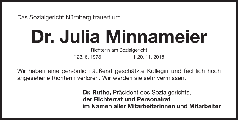  Traueranzeige für Julia Minnameier vom 26.11.2016 aus Gesamtausgabe Nürnberger Nachrichten/ Nürnberger Ztg.