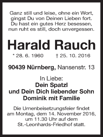 Traueranzeige von Harald Rauch von Gesamtausgabe Nürnberger Nachrichten/ Nürnberger Ztg.