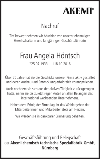 Traueranzeige von Rosa Angela Höntsch von Gesamtausgabe Nürnberger Nachrichten/ Nürnberger Ztg.