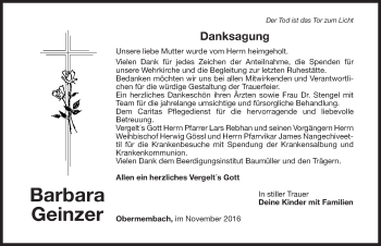 Traueranzeige von Barbara Geinzer von Nordbayerische Nachrichten Herzogenaurach Lokal