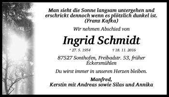 Traueranzeige von Ingrid Schmidt von Roth-Hilpoltsteiner Volkszeitung Lokal