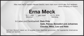 Traueranzeige von Erna Meck von Gesamtausgabe Nürnberger Nachrichten/ Nürnberger Ztg.