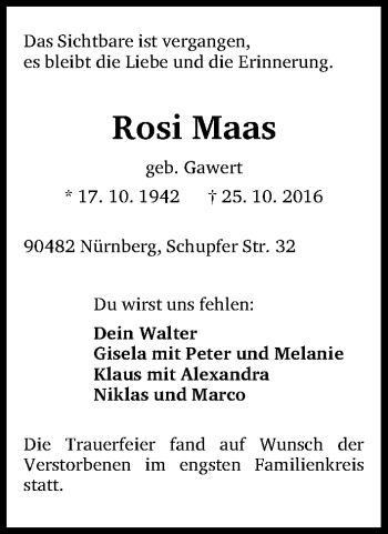 Traueranzeige von Rosi Maas von Gesamtausgabe Nürnberger Nachrichten/ Nürnberger Ztg.