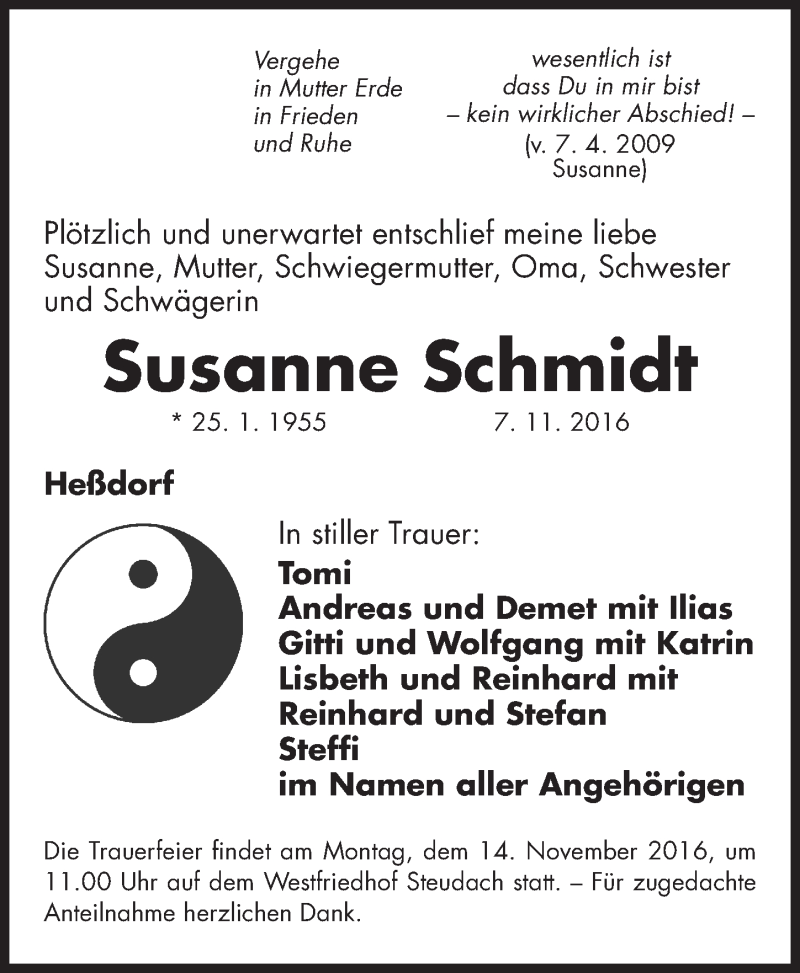  Traueranzeige für Susanne Schmidt vom 11.11.2016 aus Erlanger Nachrichten Lokal