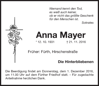 Traueranzeige von Anna Mayer von Fürther Nachrichten Lokal