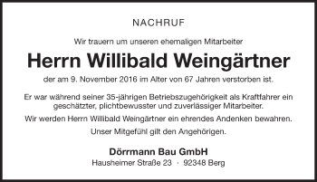 Traueranzeige von Willibald Weingärtner von Neumarkter Nachrichten Lokal