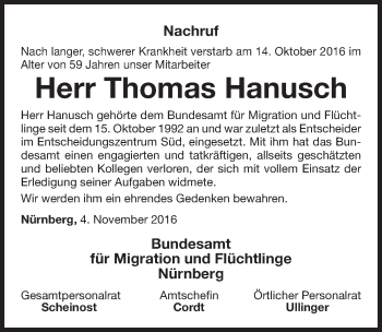 Traueranzeige von Thomas Hanusch von Erlanger Nachrichten Lokal