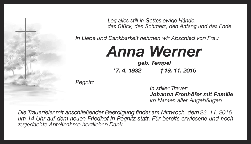  Traueranzeige für Anna Werner vom 22.11.2016 aus Nordbayerische Nachrichten Pegnitz Lokal