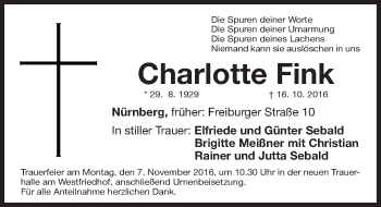 Traueranzeige von Charlotte Fink von Gesamtausgabe Nürnberger Nachrichten/ Nürnberger Ztg.