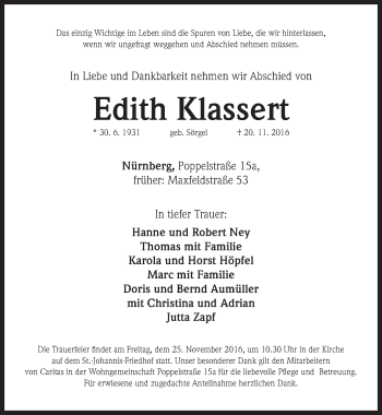 Traueranzeige von Edith Klassert von Gesamtausgabe Nürnberger Nachrichten/ Nürnberger Ztg.