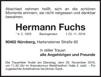 Traueranzeige von Hermann Fuchs von Gesamtausgabe Nürnberger Nachrichten/ Nürnberger Ztg.