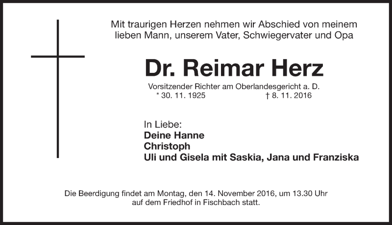  Traueranzeige für Reimar Herz vom 11.11.2016 aus Gesamtausgabe Nürnberger Nachrichten/ Nürnberger Ztg.