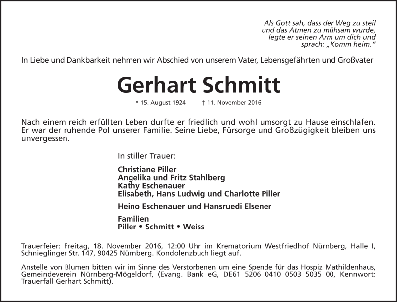  Traueranzeige für Gerhart Schmitt vom 15.11.2016 aus Gesamtausgabe Nürnberger Nachrichten/ Nürnberger Ztg.