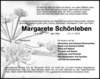 Traueranzeige von Margarete Schönleben von Schwabach