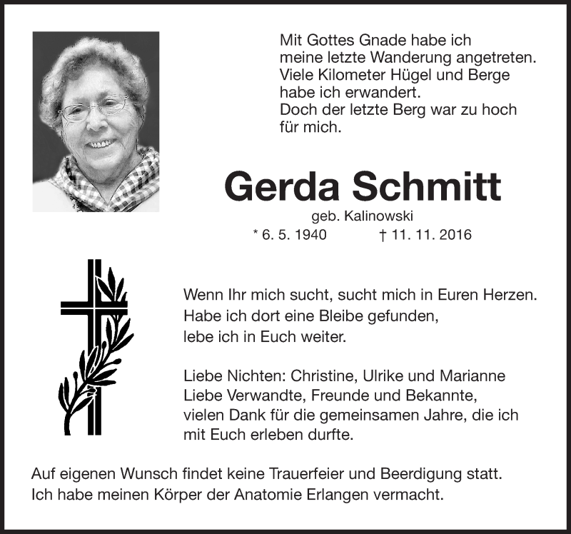 Traueranzeigen von Gerda Schmitt | trauer.nn.de