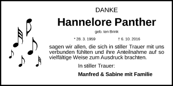 Traueranzeige von Hannelore Panther von Gesamtausgabe Nürnberger Nachrichten/ Nürnberger Ztg.