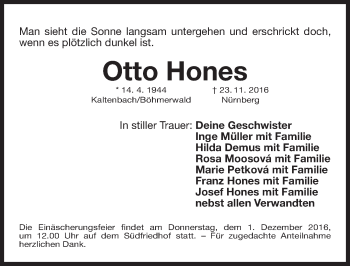 Traueranzeige von Otto Hones von Gesamtausgabe Nürnberger Nachrichten/ Nürnberger Ztg.