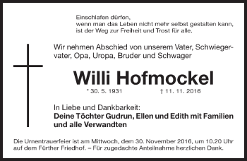 Traueranzeige von Willi Hofmockel von Fürther Nachrichten Lokal