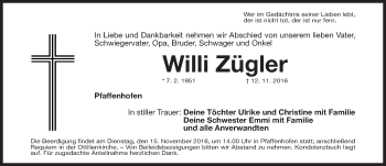 Traueranzeige von Willi Zügler von Roth-Hilpoltsteiner Volkszeitung Lokal