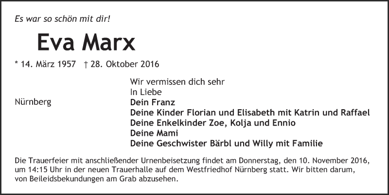 Traueranzeige für Eva Marx vom 05.11.2016 aus Gesamtausgabe Nürnberger Nachrichten/ Nürnberger Ztg.