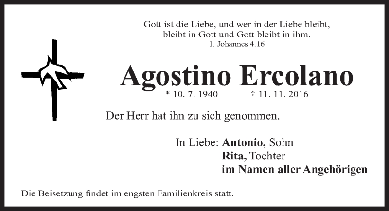  Traueranzeige für Agostino Ercolano vom 12.11.2016 aus Gesamtausgabe Nürnberger Nachrichten/ Nürnberger Ztg.