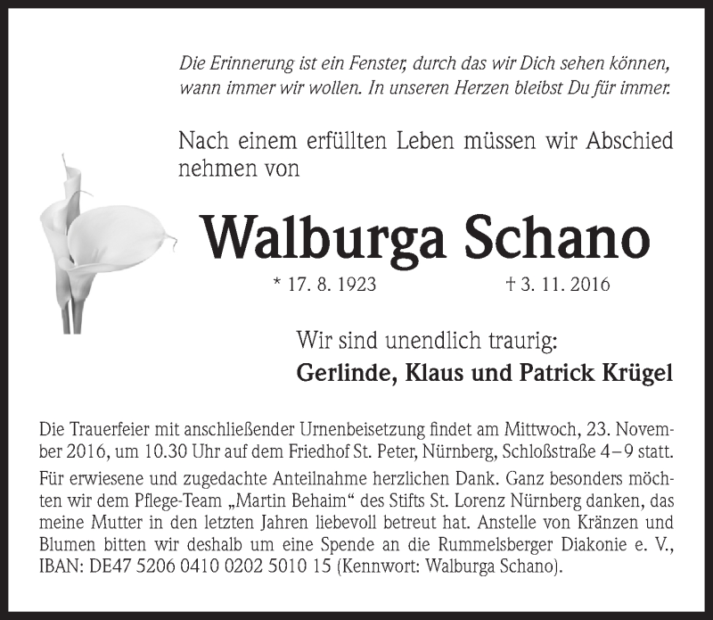  Traueranzeige für Walburga Schano vom 19.11.2016 aus Gesamtausgabe Nürnberger Nachrichten/ Nürnberger Ztg.