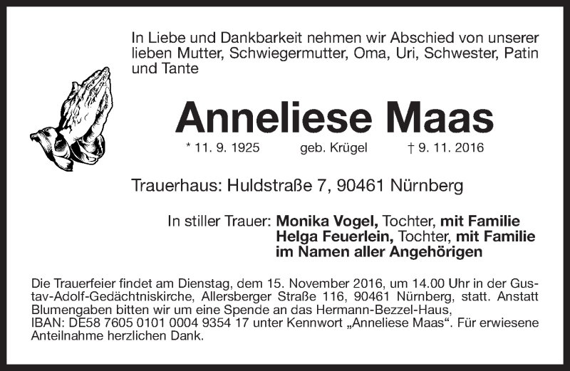  Traueranzeige für Anneliese Maas vom 12.11.2016 aus Gesamtausgabe Nürnberger Nachrichten/ Nürnberger Ztg.