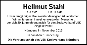 Traueranzeige von Hellmut Stahl von Gesamtausgabe Nürnberger Nachrichten/ Nürnberger Ztg.