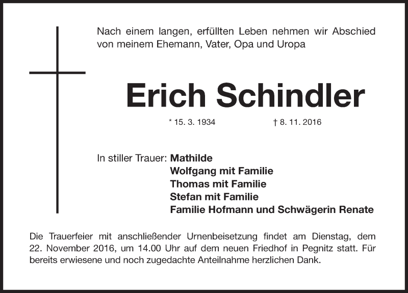  Traueranzeige für Erich Schindler vom 19.11.2016 aus Nordbayerische Nachrichten Pegnitz Lokal