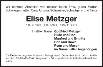Traueranzeige von Elise Metzger von Gesamtausgabe Nürnberger Nachrichten/ Nürnberger Ztg.