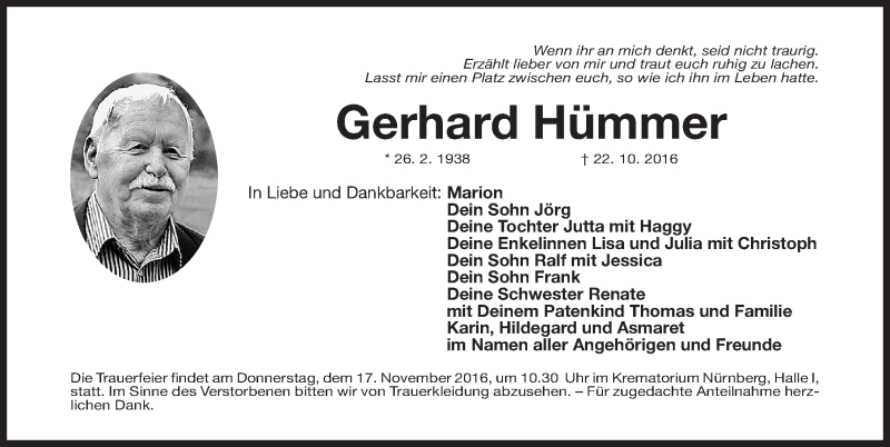  Traueranzeige für Gerhard Hümmer vom 12.11.2016 aus Gesamtausgabe Nürnberger Nachrichten/ Nürnberger Ztg.