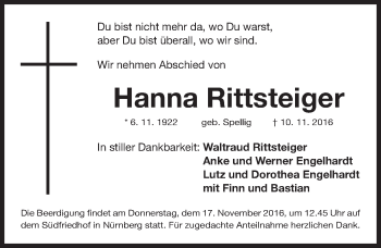 Traueranzeige von Hanna Rittsteiger von Gesamtausgabe Nürnberger Nachrichten/ Nürnberger Ztg.
