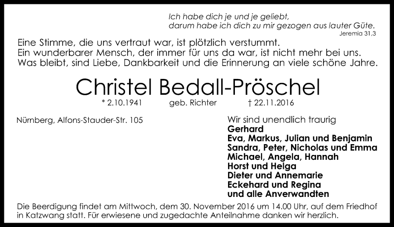  Traueranzeige für Christel Bedall-Pröschel vom 26.11.2016 aus Gesamtausgabe Nürnberger Nachrichten/ Nürnberger Ztg.