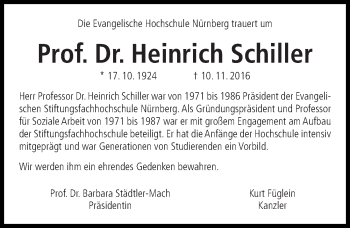 Traueranzeige von Heinrich Schiller von Gesamtausgabe Nürnberger Nachrichten/ Nürnberger Ztg.