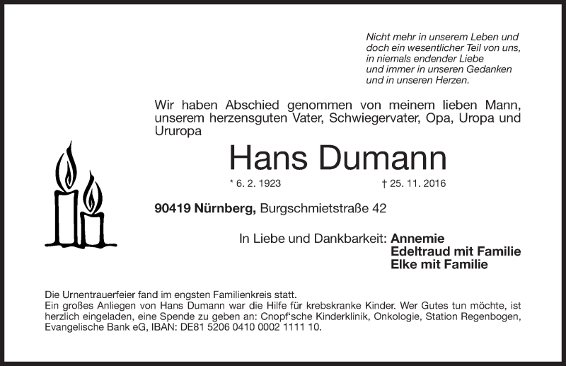  Traueranzeige für Hans Dumann vom 17.12.2016 aus Gesamtausgabe Nürnberger Nachrichten/ Nürnberger Ztg.