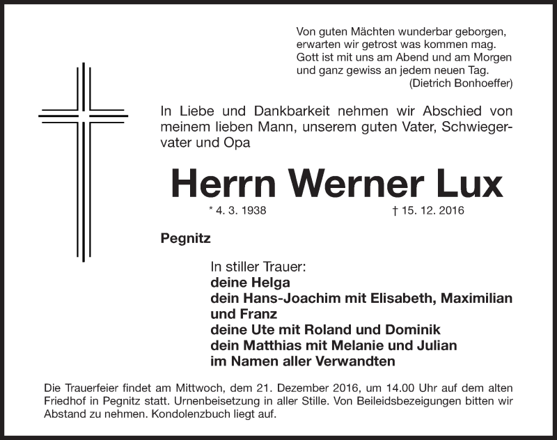  Traueranzeige für Werner Lux vom 17.12.2016 aus Nordbayerische Nachrichten Pegnitz Lokal