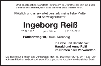 Traueranzeige von Ingeborg Reiß von Gesamtausgabe Nürnberger Nachrichten/ Nürnberger Ztg.