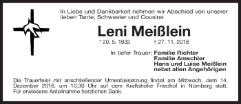Traueranzeige von Leni Meißlein von Gesamtausgabe Nürnberger Nachrichten/ Nürnberger Ztg.