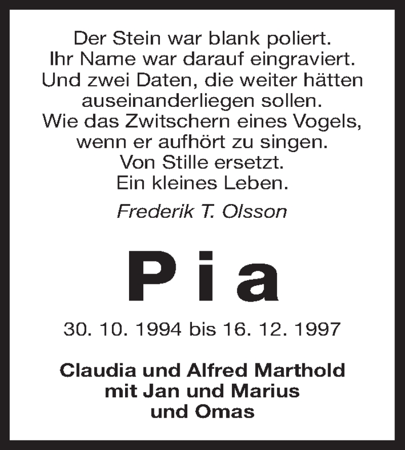  Traueranzeige für Pia  vom 16.12.2016 aus Gesamtausgabe Nürnberger Nachrichten/ Nürnberger Ztg.