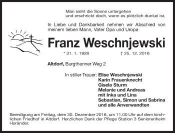 Traueranzeige von Franz Weschnjewski von Gesamtausgabe Nürnberger Nachrichten/ Nürnberger Ztg.