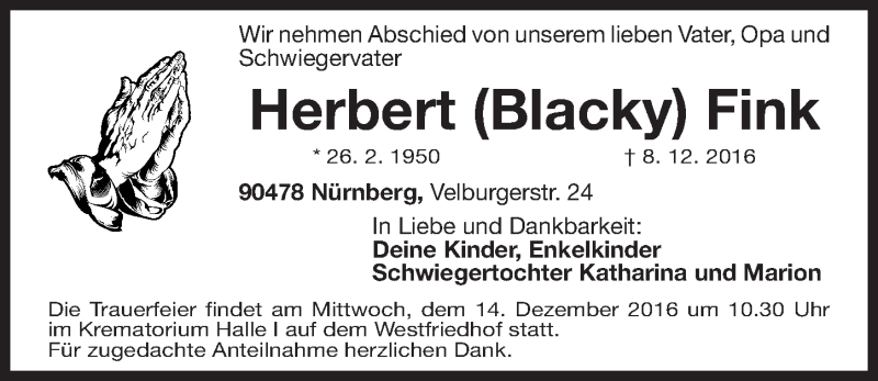  Traueranzeige für Herbert Blacky Fink vom 10.12.2016 aus Gesamtausgabe Nürnberger Nachrichten/ Nürnberger Ztg.