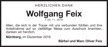 Traueranzeige von Wolfgang Feix von Gesamtausgabe Nürnberger Nachrichten/ Nürnberger Ztg.
