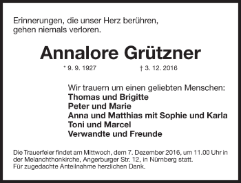 Traueranzeige von Annalore Grützner von Gesamtausgabe Nürnberger Nachrichten/ Nürnberger Ztg.
