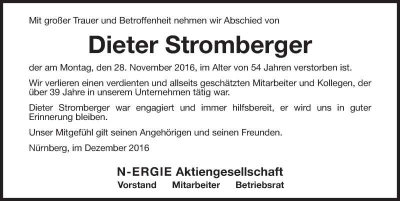  Traueranzeige für Dieter Stromberger vom 02.12.2016 aus Gesamtausgabe Nürnberger Nachrichten/ Nürnberger Ztg.