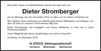 Traueranzeige von Dieter Stromberger von Gesamtausgabe Nürnberger Nachrichten/ Nürnberger Ztg.