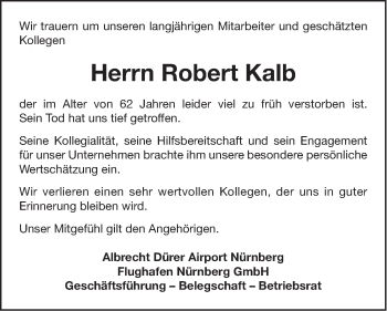 Traueranzeige von Robert Kalb von Gesamtausgabe Nürnberger Nachrichten/ Nürnberger Ztg.