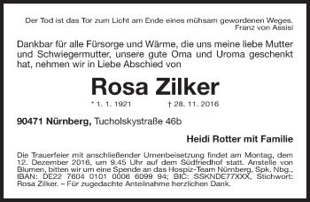 Traueranzeige von Rosa Zilker von Gesamtausgabe Nürnberger Nachrichten/ Nürnberger Ztg.