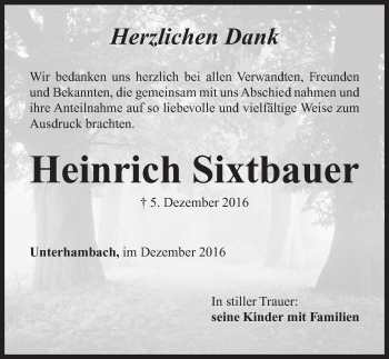 Traueranzeige von Heinrich Sixtbauer von Altmühl-Bote Lokal