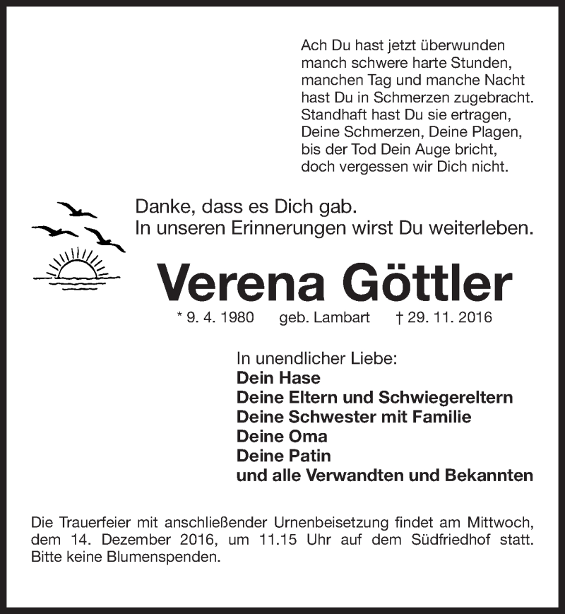  Traueranzeige für Verena Göttler vom 10.12.2016 aus Gesamtausgabe Nürnberger Nachrichten/ Nürnberger Ztg.